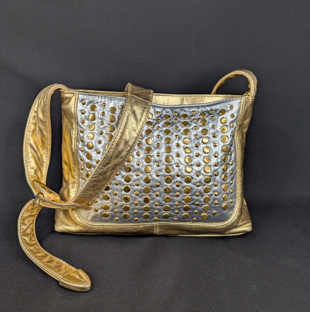 Vintage 80s DAWLI Metallic Gold Silver Studded Leather Crossbody Bag Made in USA